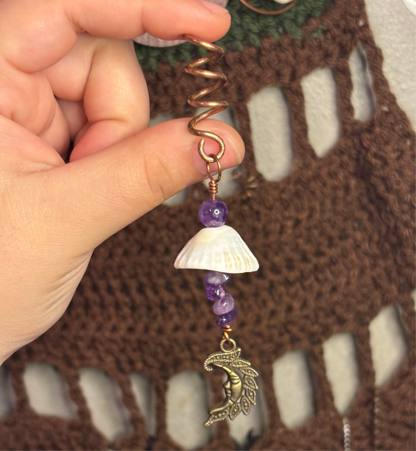 Amethyst + shell hair cuff